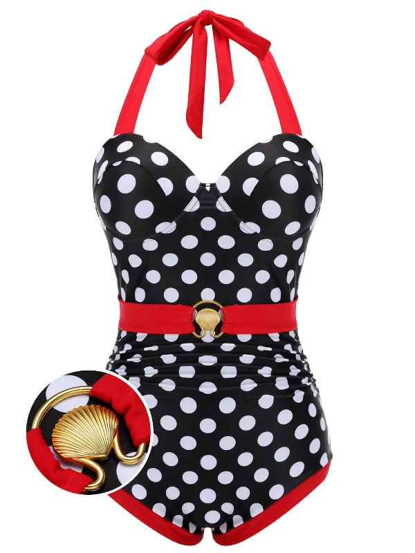 Black & Red 1950s Dots Halter SwimsuitMinimalist bikini