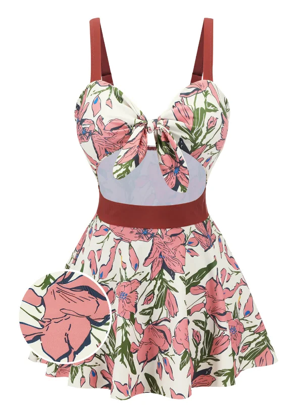 Pink 1940s Floral Strap One-Piece SwimsuitOne-shoulder bikini