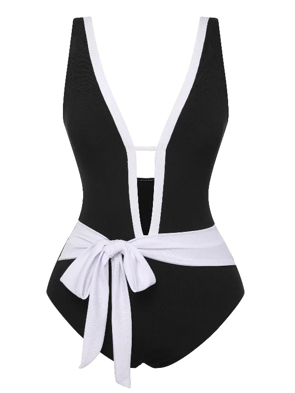 Black 1950s Deep V-Neck Waist Tie SwimsuitTriangle bikini