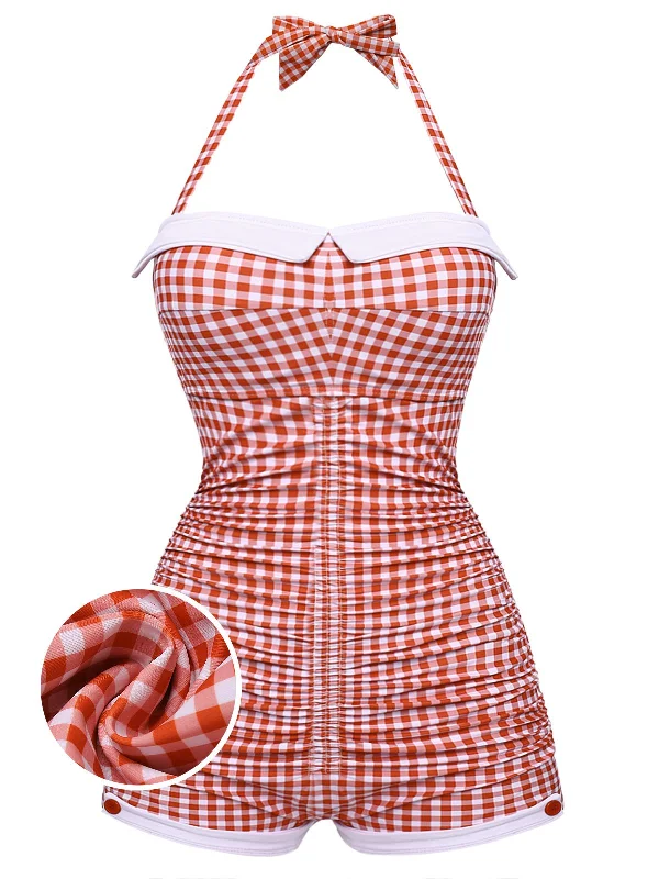 [Plus Size] Gingham 1950s Halter Bowknot One-piece SwimsuitCheeky bikini