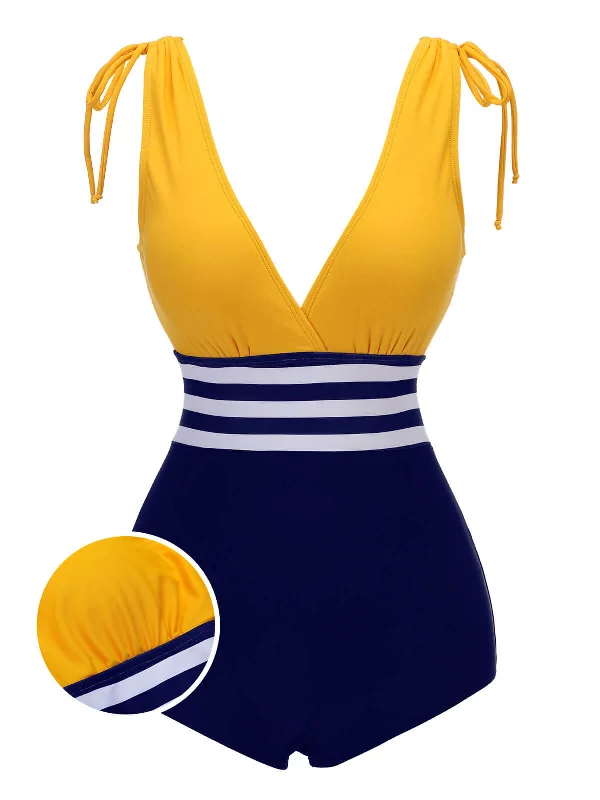 Yellow & Blue 1950s Striped Lace-Up SwimsuitSheer bikini