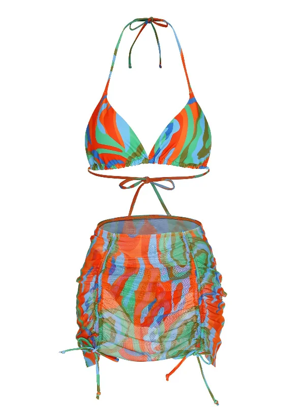 1950s Colorful Swimsuit & Drawstring Skirt Cover UpBikini jumpsuit