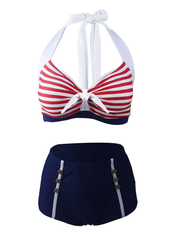 Navy Red 1950s Stripe Halter BikiniMetallic bikini