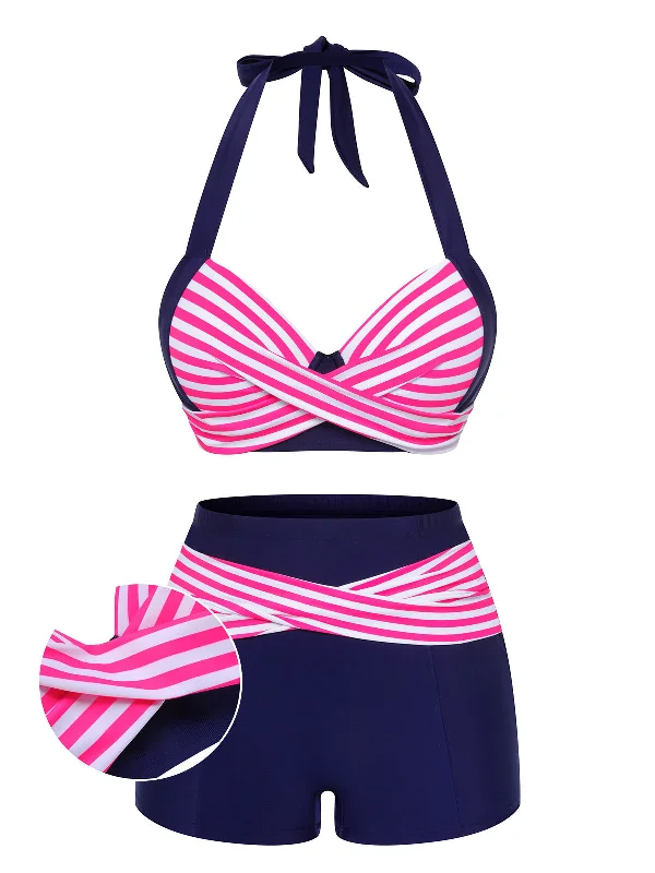 Pink & Blue 1950s Striped Halter SwimsuitPrinted bikini