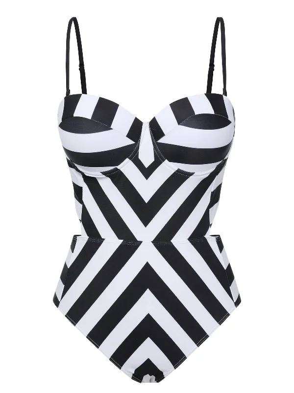 1960s Black White Contrast Stripes SwimsuitBikini skirt