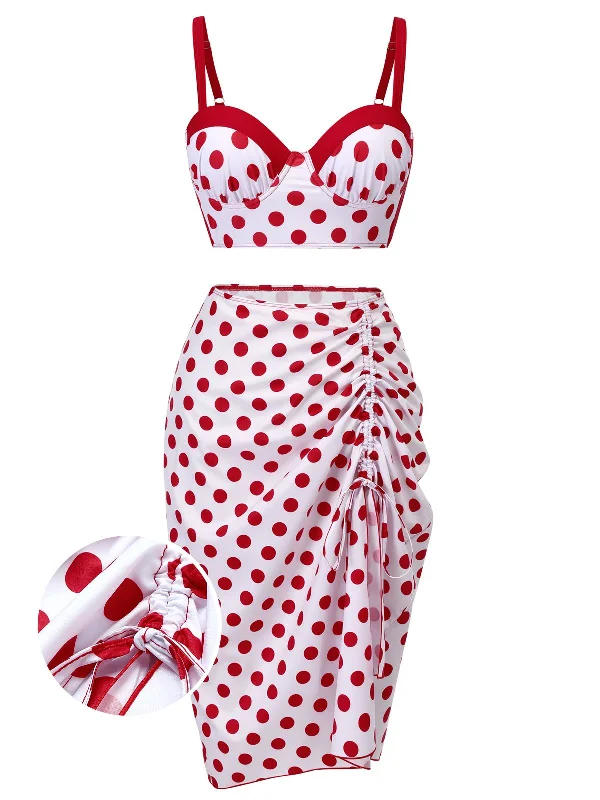 Red 1950s Polka Dot Pleated SwimsuitBikini sarong