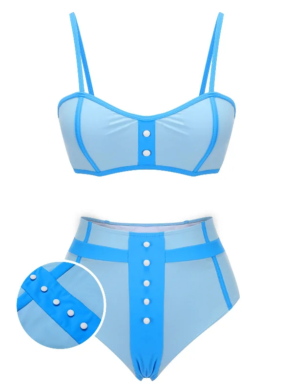 Blue 1950s Button Patchwork SwimsuitEco-friendly bikini