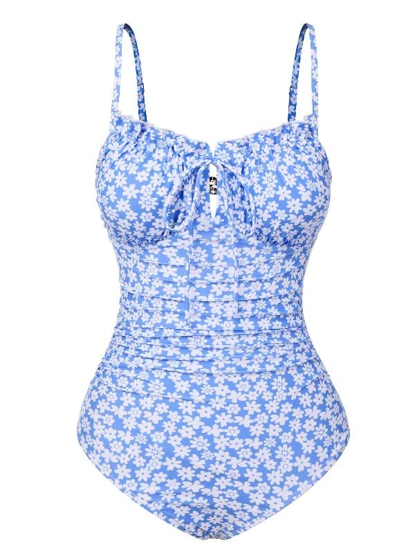 Blue 1950s Ditsy Floral Strap SwimsuitBikini briefs