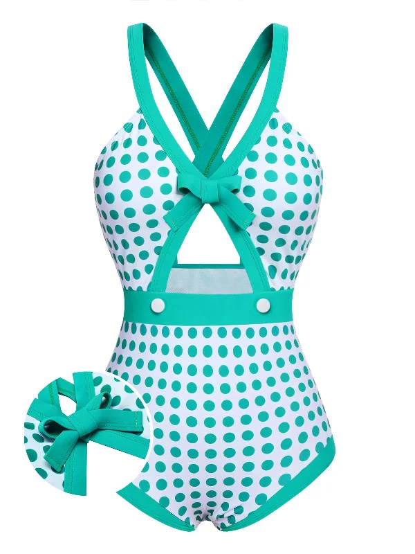 Green 1940s Polka Dot Bowknot One-Piece SwimsuitVintage bikini