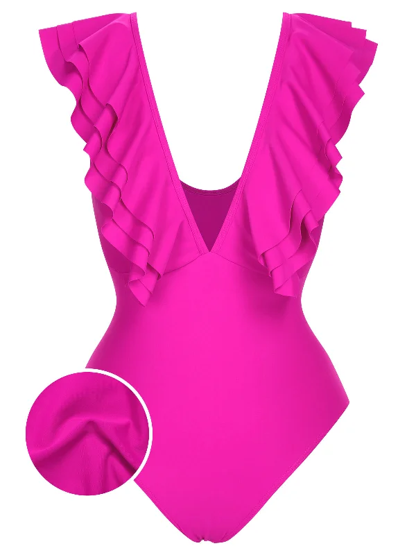 1950s Solid Ruffle V-Neck One-Piece SwimsuitLow-rise bikini