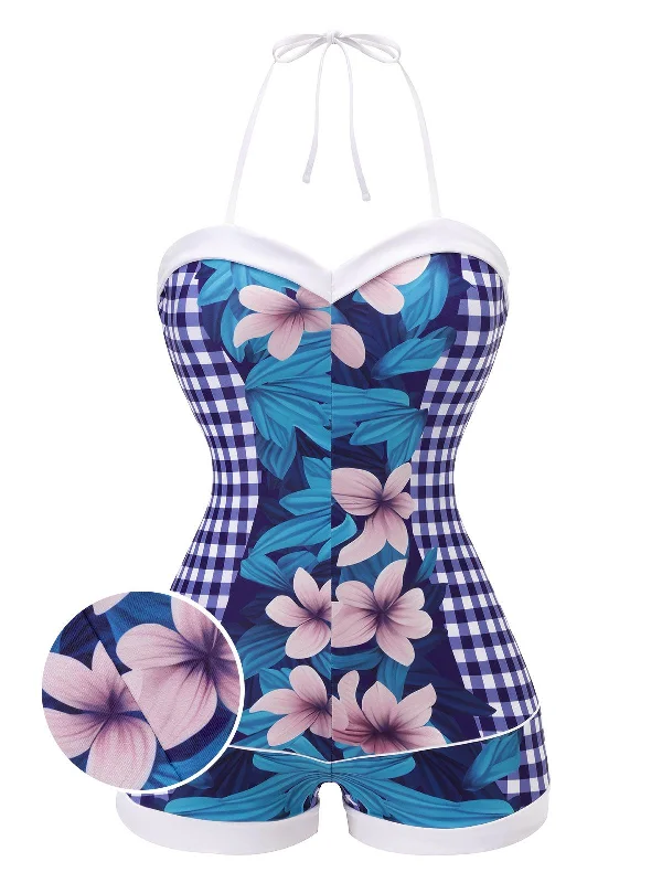 Blue 1950s Plaid&Floral SwimsuitGlitter bikini