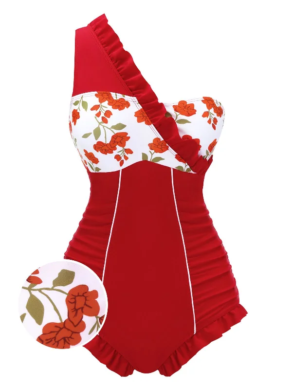 1950s One-shoulder Ruffle One-piece SwimsuitBikini set