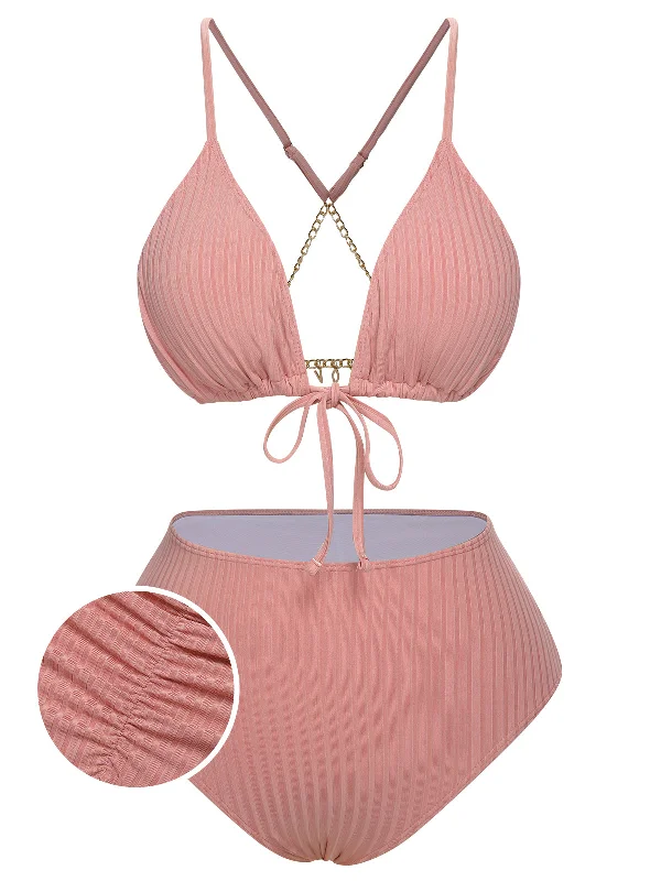 [Plus Size] Pink 1950s Solid Pleated Bikini SetUnderwire bikini