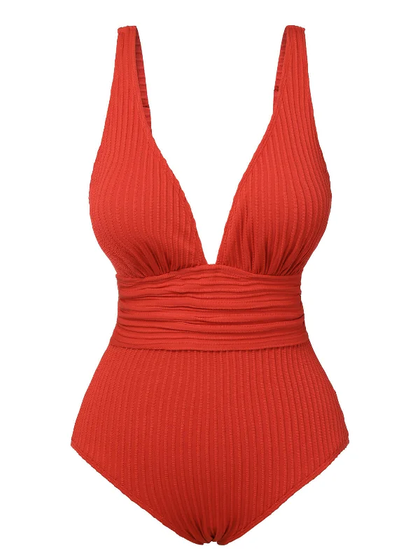 Red 1950s Solid Deep V One-Piece SwimsuitBikini accessory