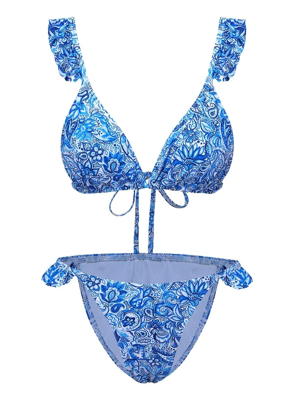 Blue 1950s Paisley Print Ruffle Trim Triangle Bikini SwimsuitSheer bikini