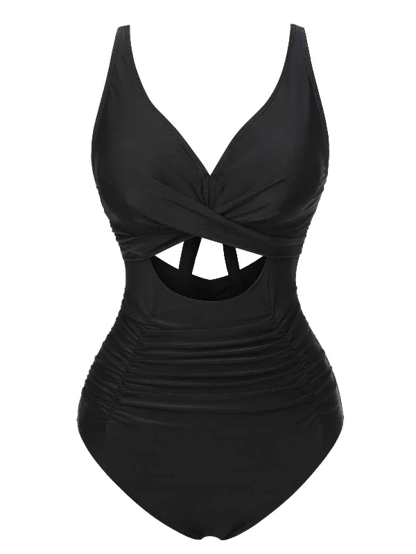 Black 1950s Strap Hollow One-Piece SwimsuitBikini bottom