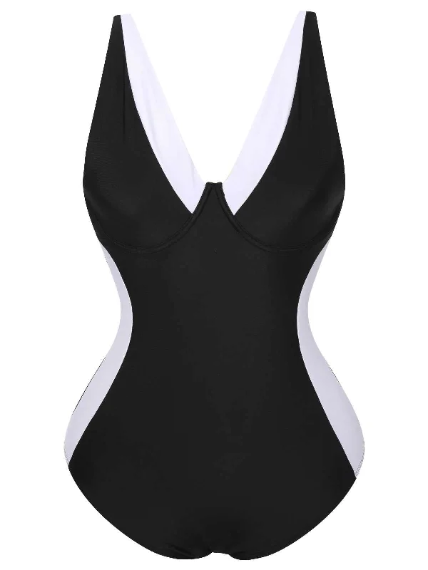 [Plus Size] Black 1930s Contrast One-Piece SwimsuitOversized bikini