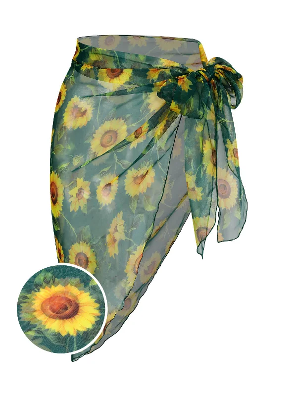 Green 1940s Chiffon Sunflowers Cover-upBikini towel