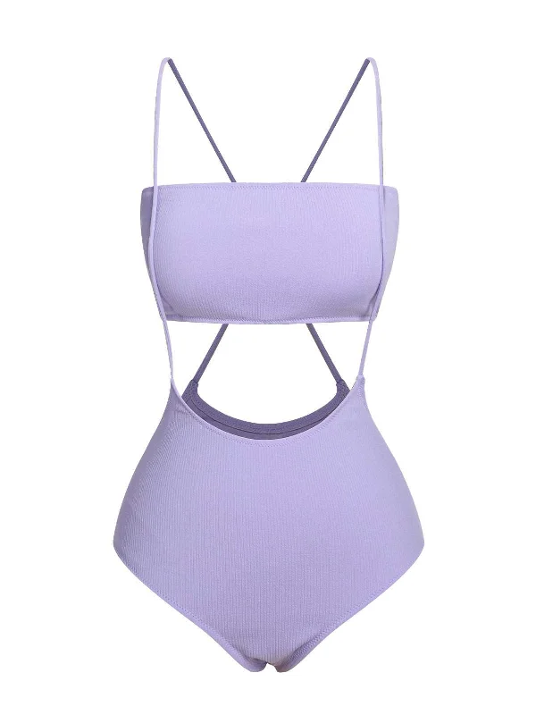 Purple 1950s Spaghetti Strap Bandeau SwimsuitBikini romper