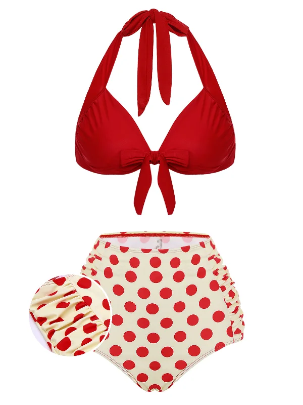 Red 1950s Polka Dots Halter Bikini SetStriped bikini