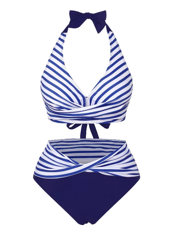 Blue 1940s Striped Contrast Knit Halter SwimsuitBikini briefs