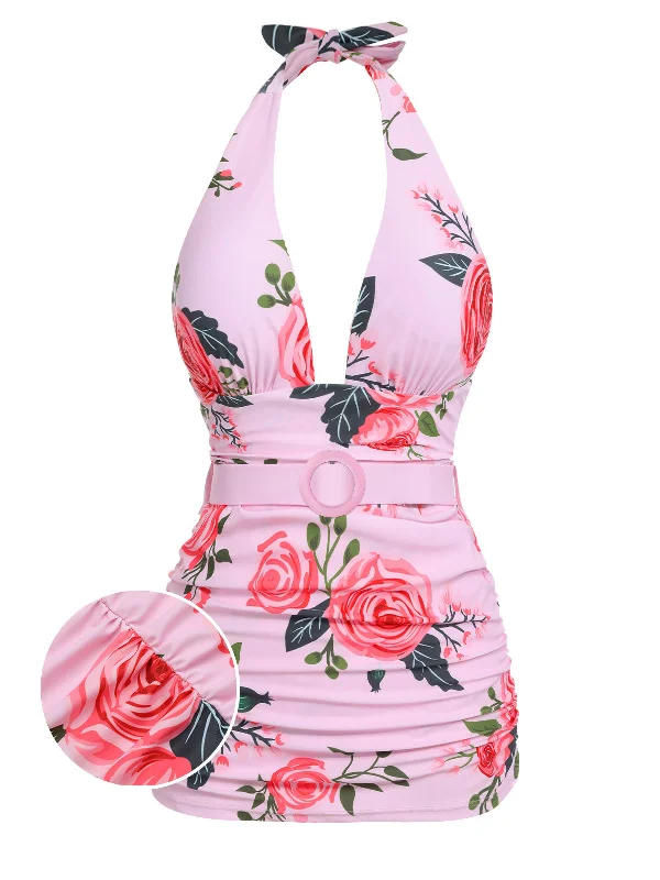 [Plus Size] Pink 1930s Roses Halter Belt SwimsuitBikini thong