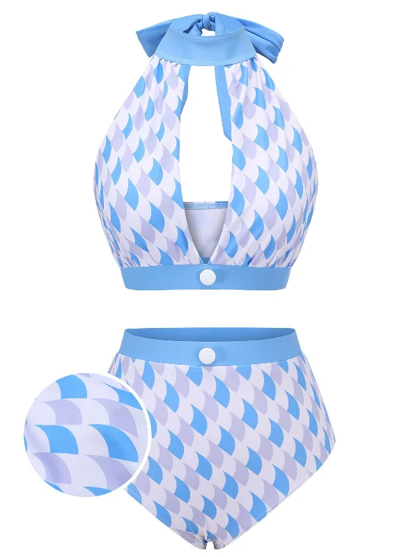 Blue 1940s Hole Collar Halter SwimsuitBikini belt