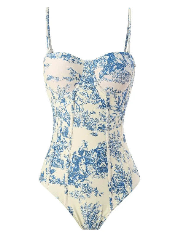 1950s Ink Floral Spaghetti Strap One-Piece SwimsuitStrapless bikini