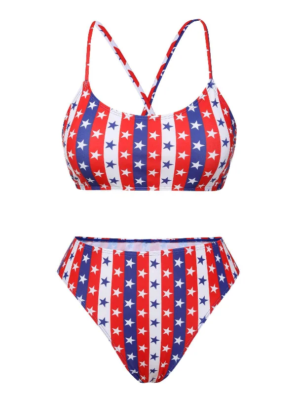 1960s Spaghetti Strap Independence Day SwimsuitBikini towel