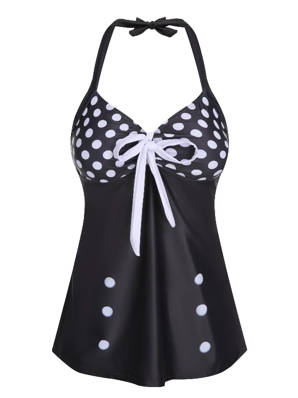 Black 1930s Halter Polka Dots Bow SwimsuitBikini top