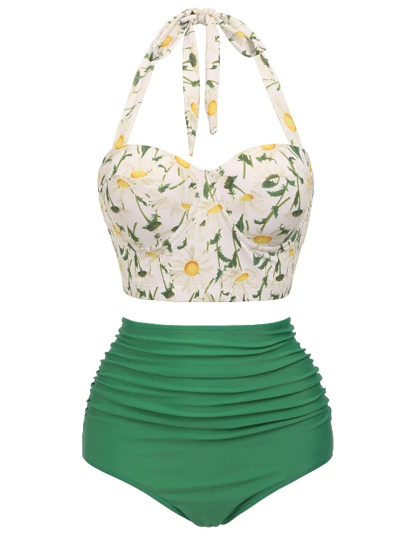 [Plus Size] 1950s Floral Halter Lace-up Bikini SetBandeau bikini