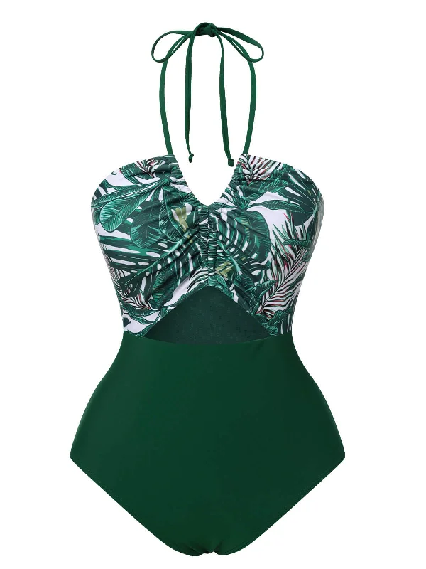 Green 1940s Tropical Hollow Out One-Piece SwimsuitBikini dress