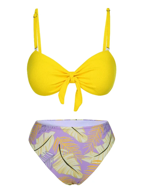 Yellow 1960s Plant Prints Halter Bow SwimsuitLace bikini