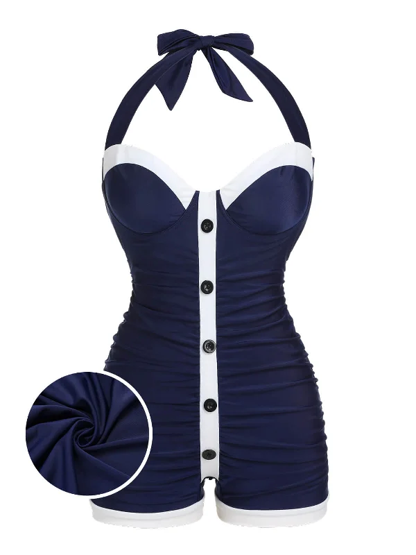 [Plus Size] Navy Blue 1950s Pleated Halter SwimsuitFloral bikini