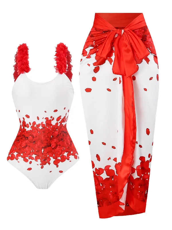 Red 1960s Floral Suspender Swimsuit SetAthletic bikini