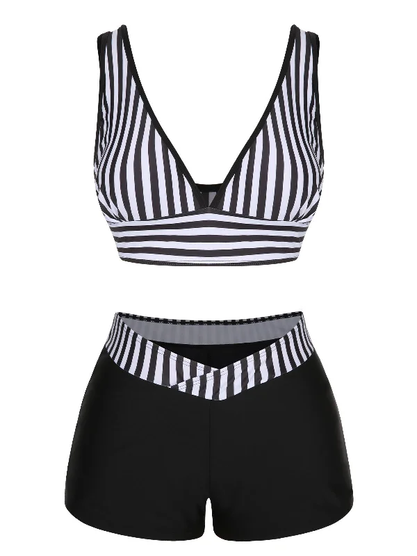 Black 1950s Stripe Binding V-Neck SwimsuitBikini briefs