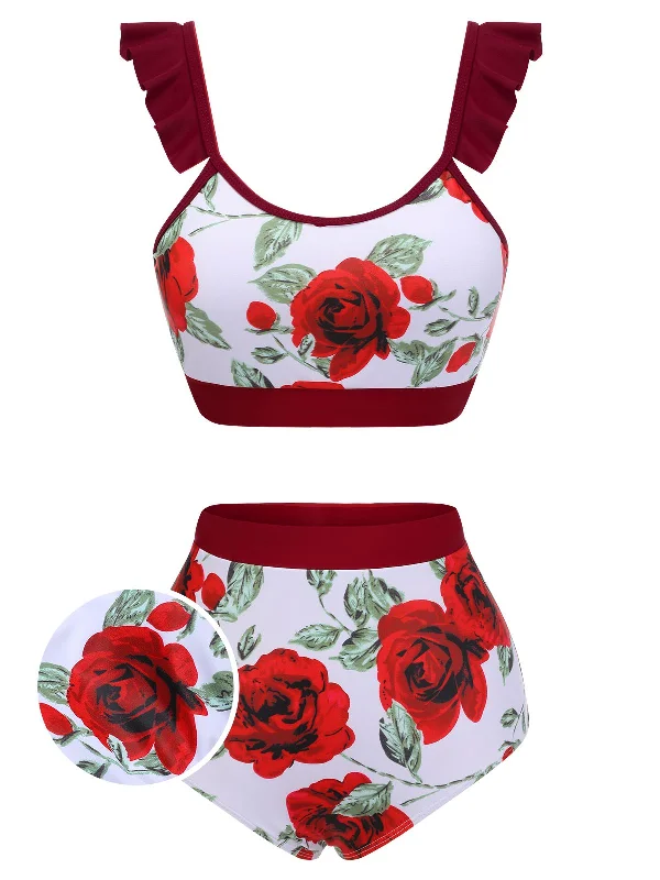 Red 1940s Floral Ruffles SwimsuitBikini clutch