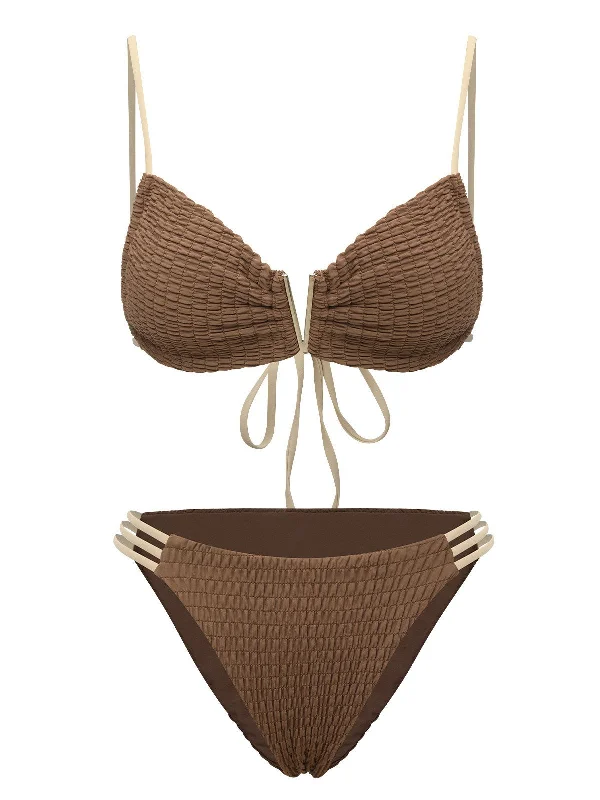 Khaki 1950s Spaghetti Straps Solid Bikini SetTied bikini