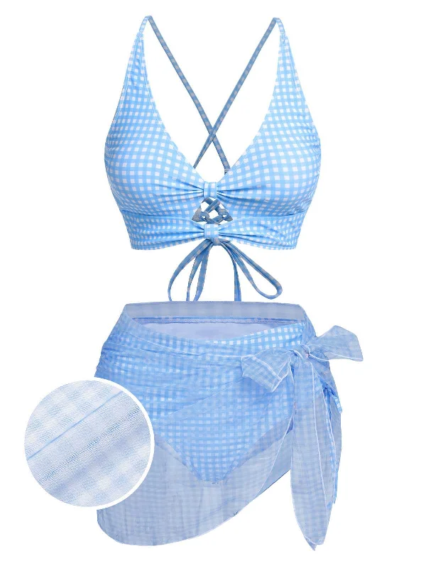 2PCS Blue 1950s Plaids Swimsuit & Mesh Cover-UpBikini romper