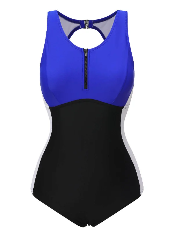 Blue Black White 1930s Color Block SwimsuitBold bikini