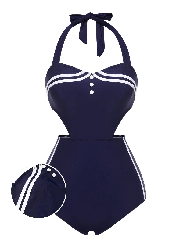 Navy Blue 1930s Halter One-piece SwimsuitBikini cover-up