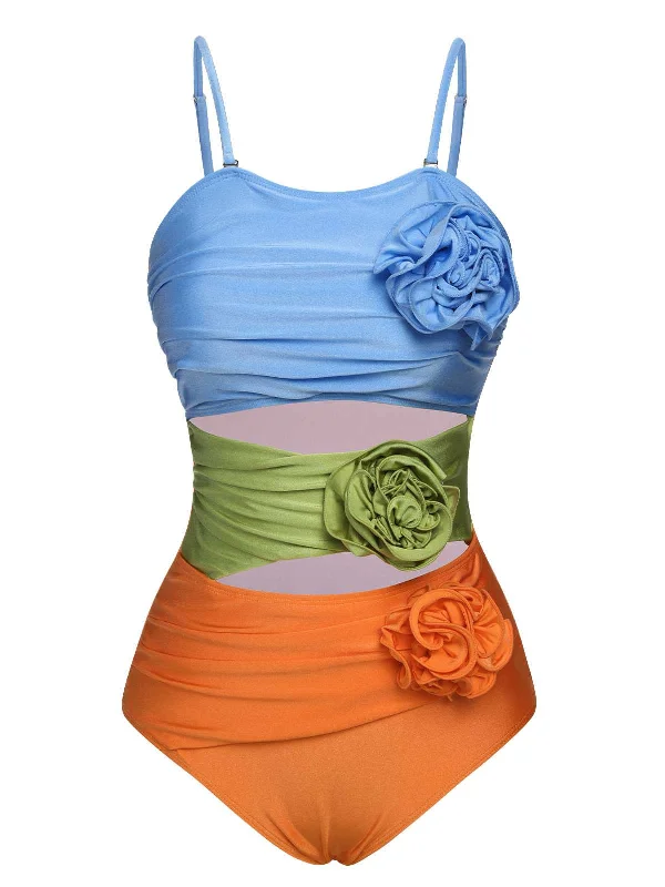 1930s Spaghetti Strap Contrast 3D Flower One-Piece SwimsuitAsymmetric bikini