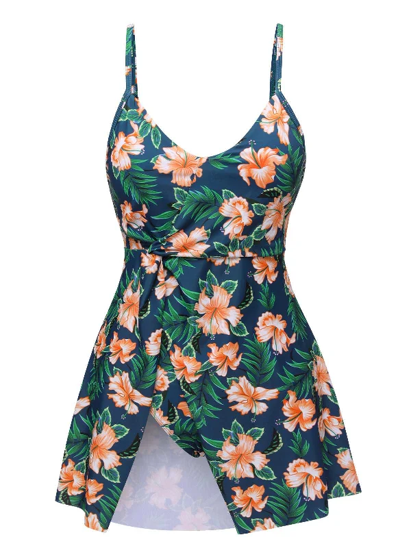 Green 1950s Spaghetti Strap Floral SwimsuitTriangle bikini