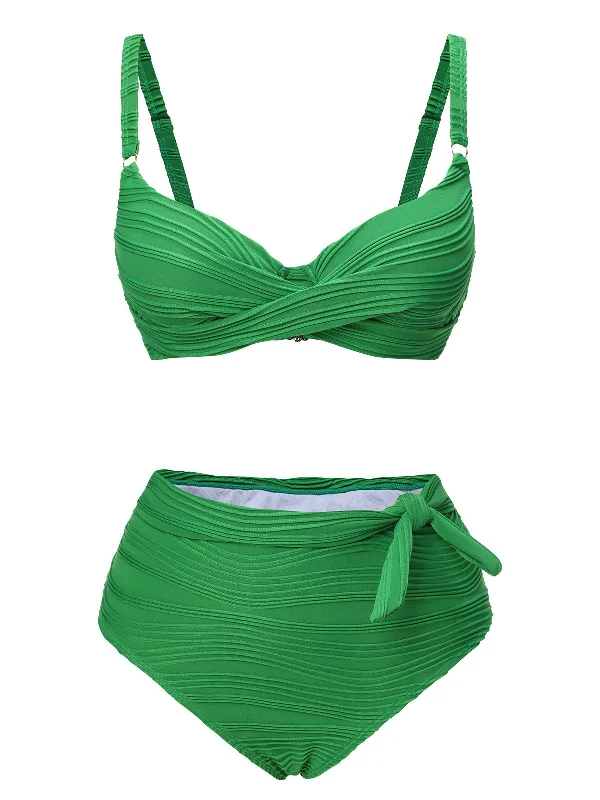 Green 1960s Pleated Solid SwimsuitWrap bikini