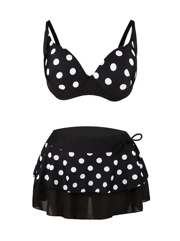 Black 1960s Polka Dot Bikini Set with SkirtPolka dot bikini