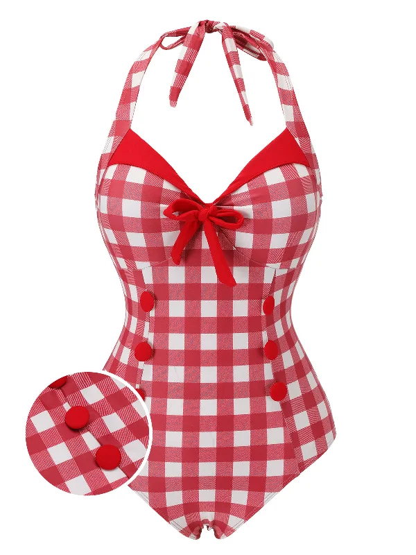 Red 1950s Plaids Added Bowknot SwimsuitCrochet bikini