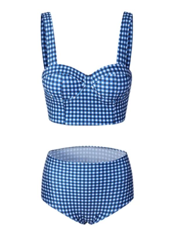 Blue 1950s Retro Plaid Strap Bikini SetCut-out bikini