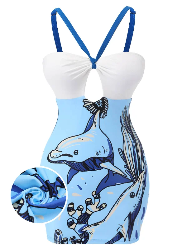 Blue 1940s Dolphin Halter One-piece SwimsuitBikini wrap