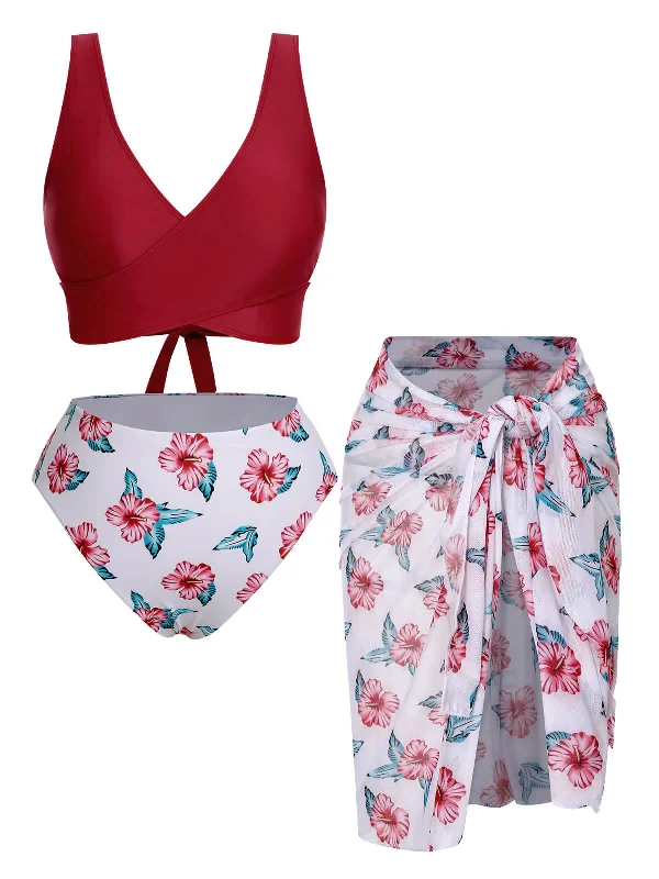 [Plus Size] Wine Red 1930s Floral Bikini Set & Cover-UpSlimming bikini