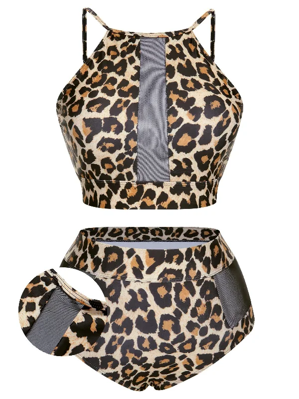 [Plus Size] 1940s Leopard Mesh Patchwork SwimsuitKnotted bikini